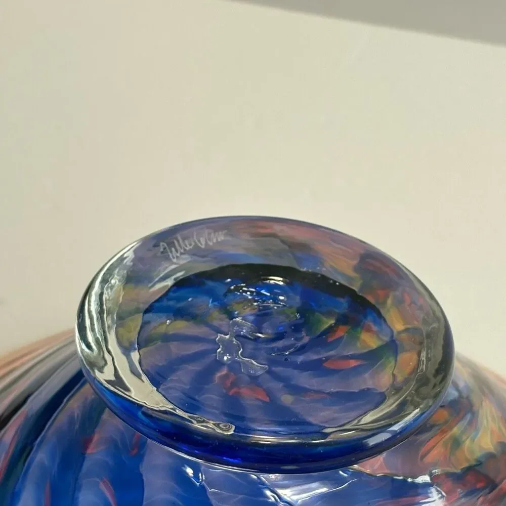 Hand Blown Glass Footed Wide Rim 9” Multicolor Swirl Glass Bowl